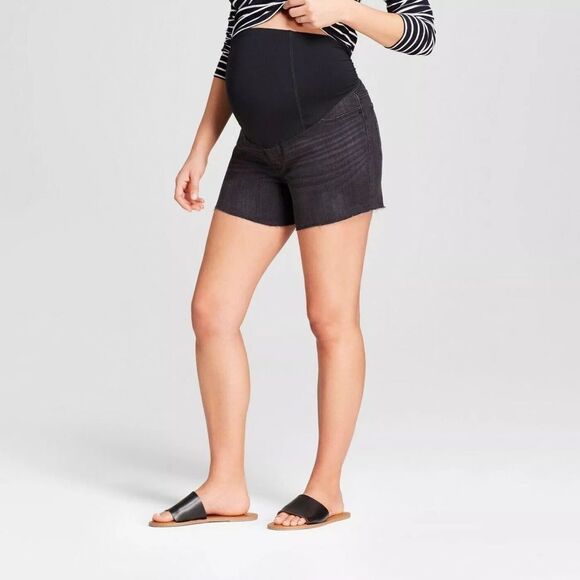 NWT Isabel Maternity Size 14 Midi Short Denim Black Jean Shorts Crossover Panel - Picture 1 of 6